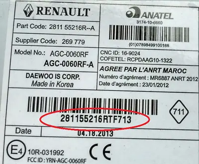 Renault Daewoo magnetolos etiketė – 281155216RTF713 serijos numeris