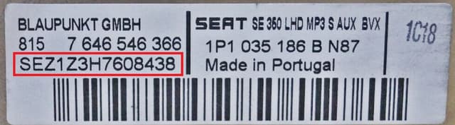 SEAT magnetolos etiketė ir serijos numerio pavyzdys 2