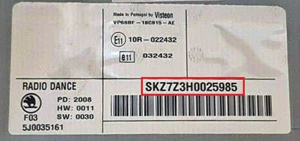 Škoda magnetolos etiketė ir serijos numerio pavyzdys 3